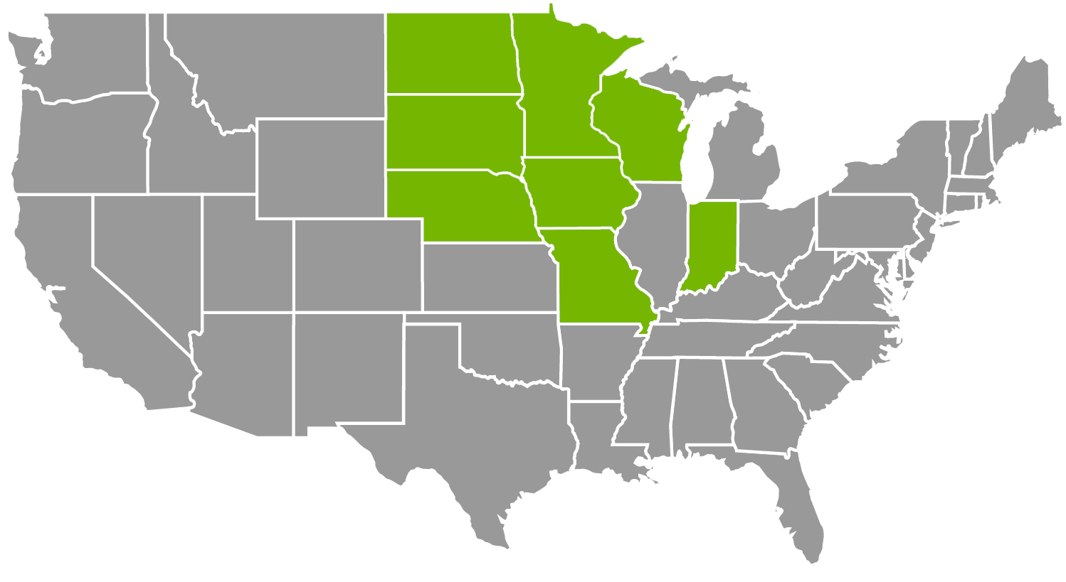 USA map highlighting Mala Mills transport service area, including the states of MN, IA, WI, NE, MO, IN, ND and SD